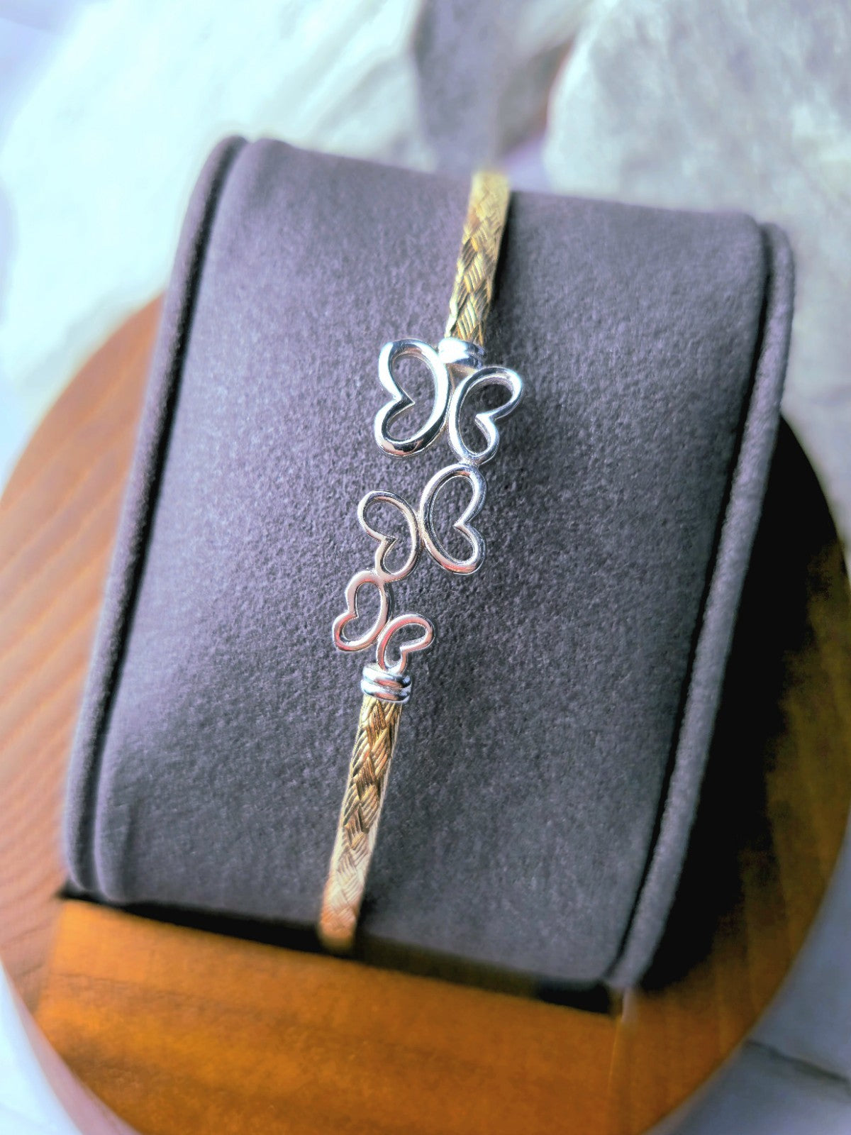 New Solid 9ct Yellow/White Gold Butterfly Bracelet 3 Butterflies Bangle Hallmark