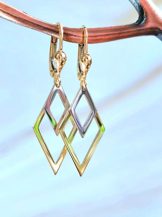 New Solid 9ct Yellow/White Gold Rombus Shape Drop Earrings Leverback Clasp