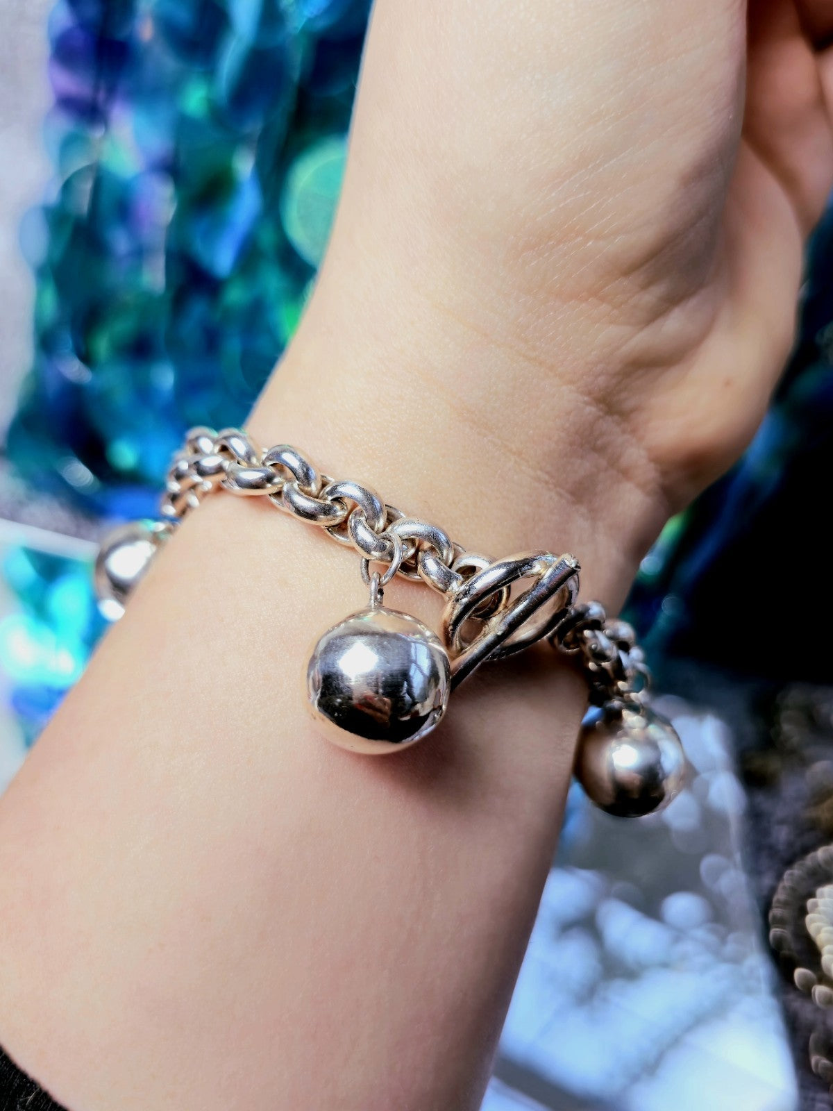 Sterling Silver Chunky Ball Charm Chain Bracelet 5 Dangling Balls Big Heavy