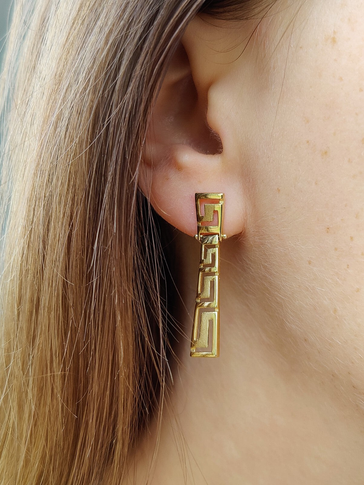 Solid 3.4grams Greek Key Earrings 9ct Yellow Gold Leverback Hallmarked