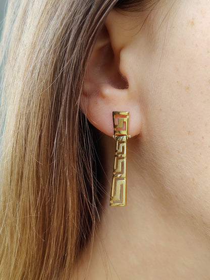 Solid 3.4grams Greek Key Earrings 9ct Yellow Gold Leverback Hallmarked