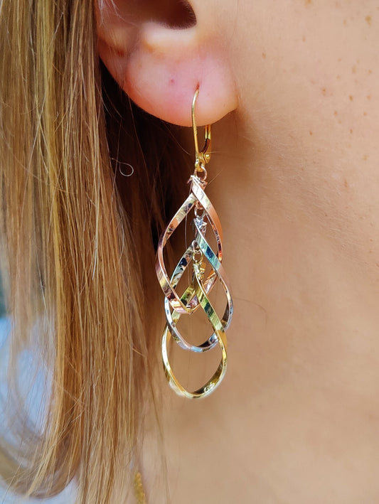 New 9ct Yellow/White/Rose Gold Triple Twist Drop Earrings Leverback Solid Gold