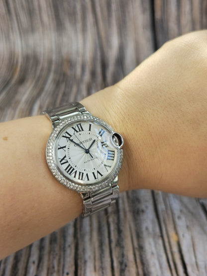 Cartier Ballon Bleu 36mm Steel Automatic Watch 2 Raw Diamond Bezel 3005 Papers