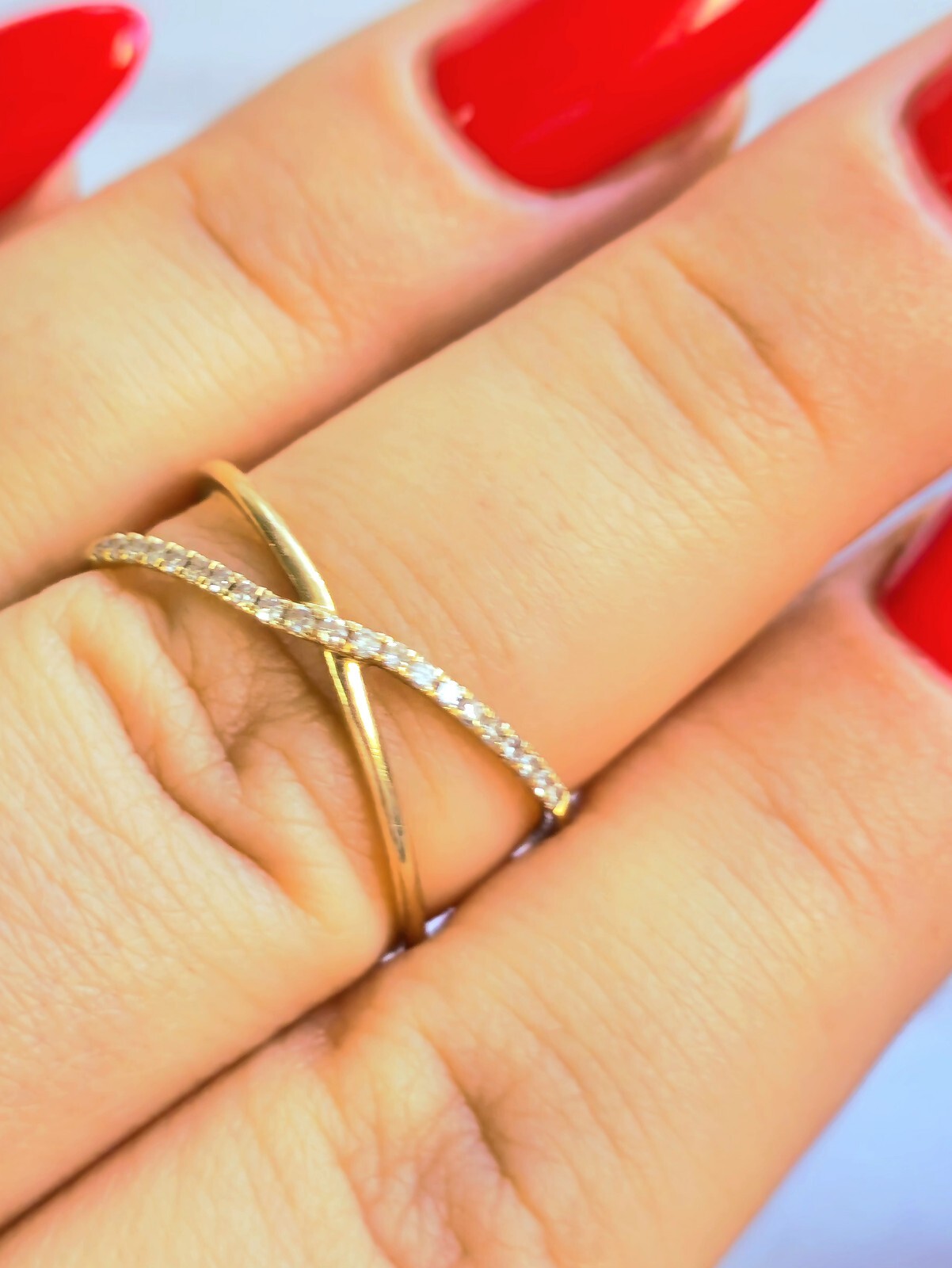 9ct Yellow Gold X Shape Ring Cross With Diamonds Size P Half Eternity Fashion