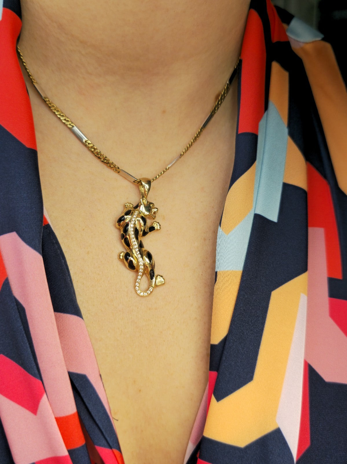 New Solid 9ct Yellow Gold Panthere Pendant Charm with CZ and Enamel Cat Puma