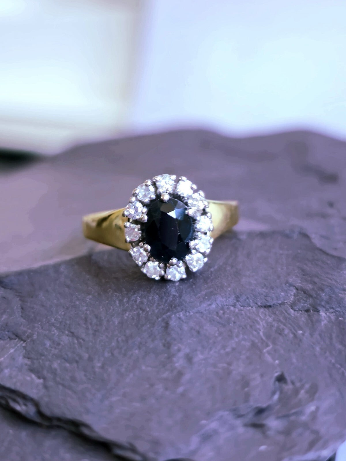 18ct Yellow Gold Sapphire/Diamond Ring Engagement Cocktail Diana Style size P+