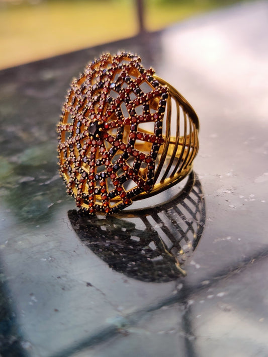 Sapphire and Ruby Spider Web Ring 18K Gold Solid Coctail Unusual Design Q size