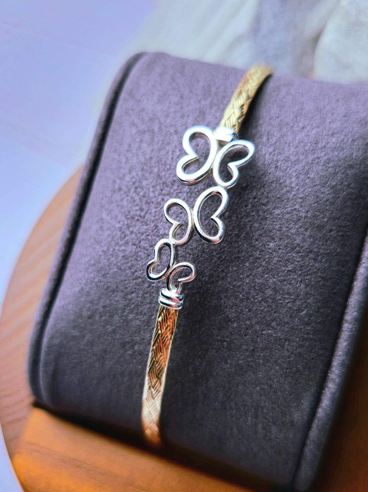 New Solid 9ct Yellow/White Gold Butterfly Bracelet 3 Butterflies Bangle Hallmark