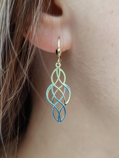 New Drop Dangly Earrings 9ct Yellow Gold Leverback Hallmarked Decorative Pattern