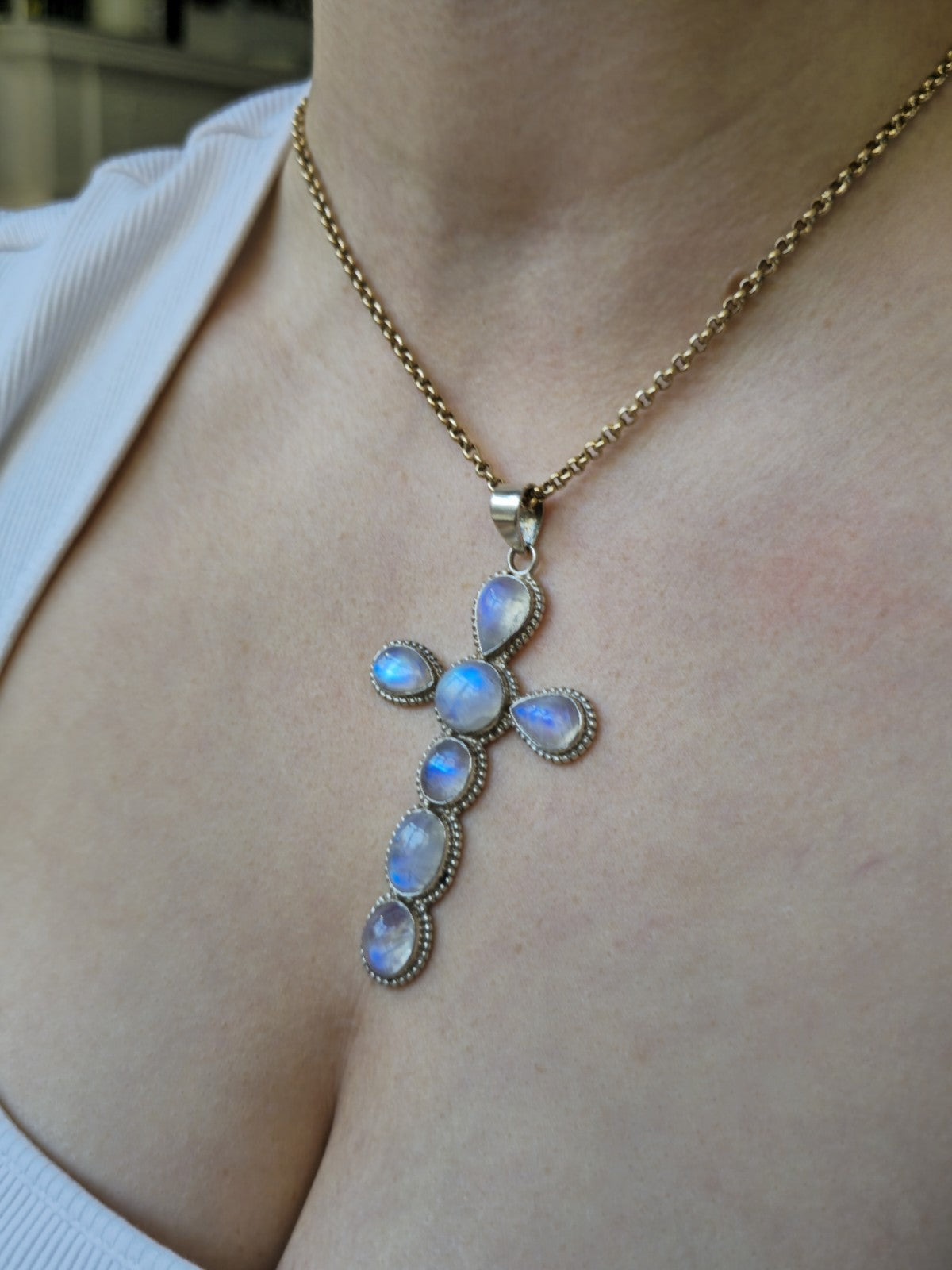 Large Solid 925 Sterling Silver Cross with Multi-shape Moonstones Pendant 9CM