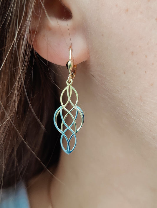 New Drop Dangly Earrings 9ct Yellow Gold Leverback Hallmarked Decorative Pattern