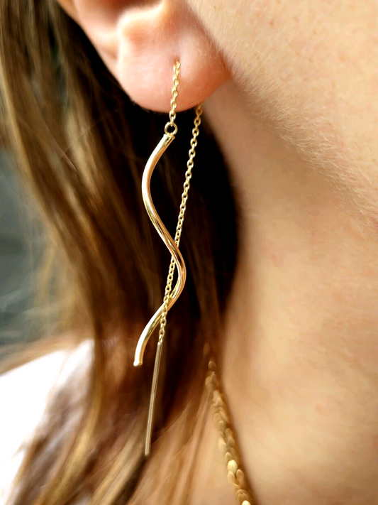 New 9ct Yellow Gold Twist Drop Earrings Squiggle Pull Through Wavy Chain 12.5cm