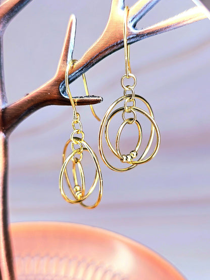 New Solid 9ct Yellow Gold Multi Circle Moving Dangling 3D Drop Earrings Hook