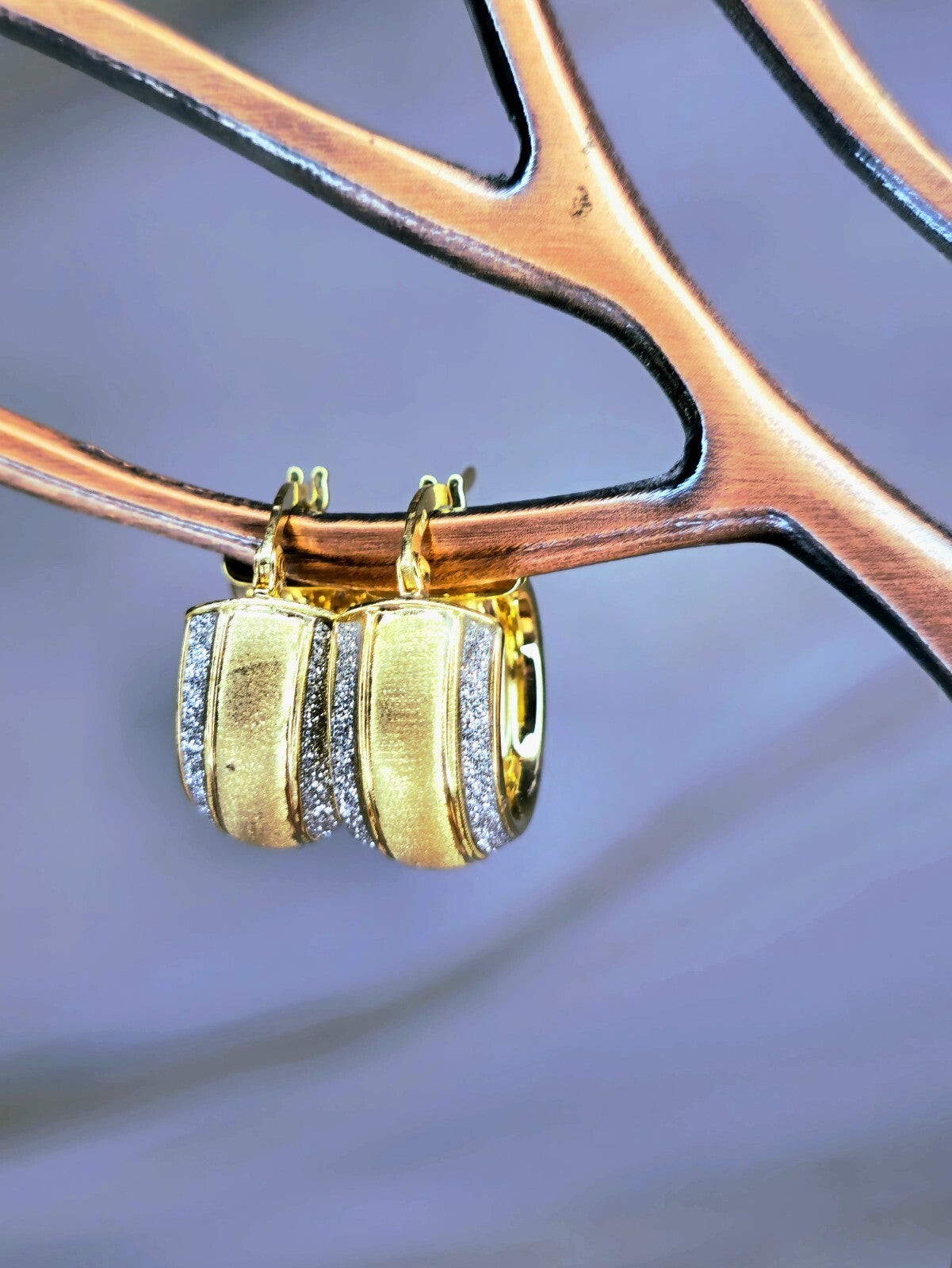 9ct Solid Yellow Gold Wide Hoop Earrings Damond Dust Hoops Glitter Moon-dust