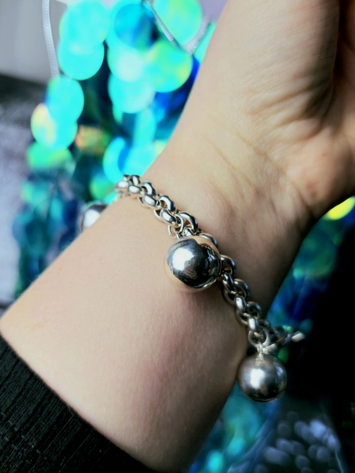 Sterling Silver Chunky Ball Charm Chain Bracelet 5 Dangling Balls Big Heavy