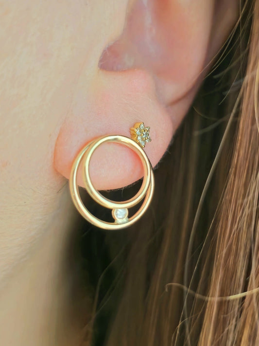 NEW 9ct Yellow Gold Solid Double Circle Earrings with Cubic Zirconia Elegant