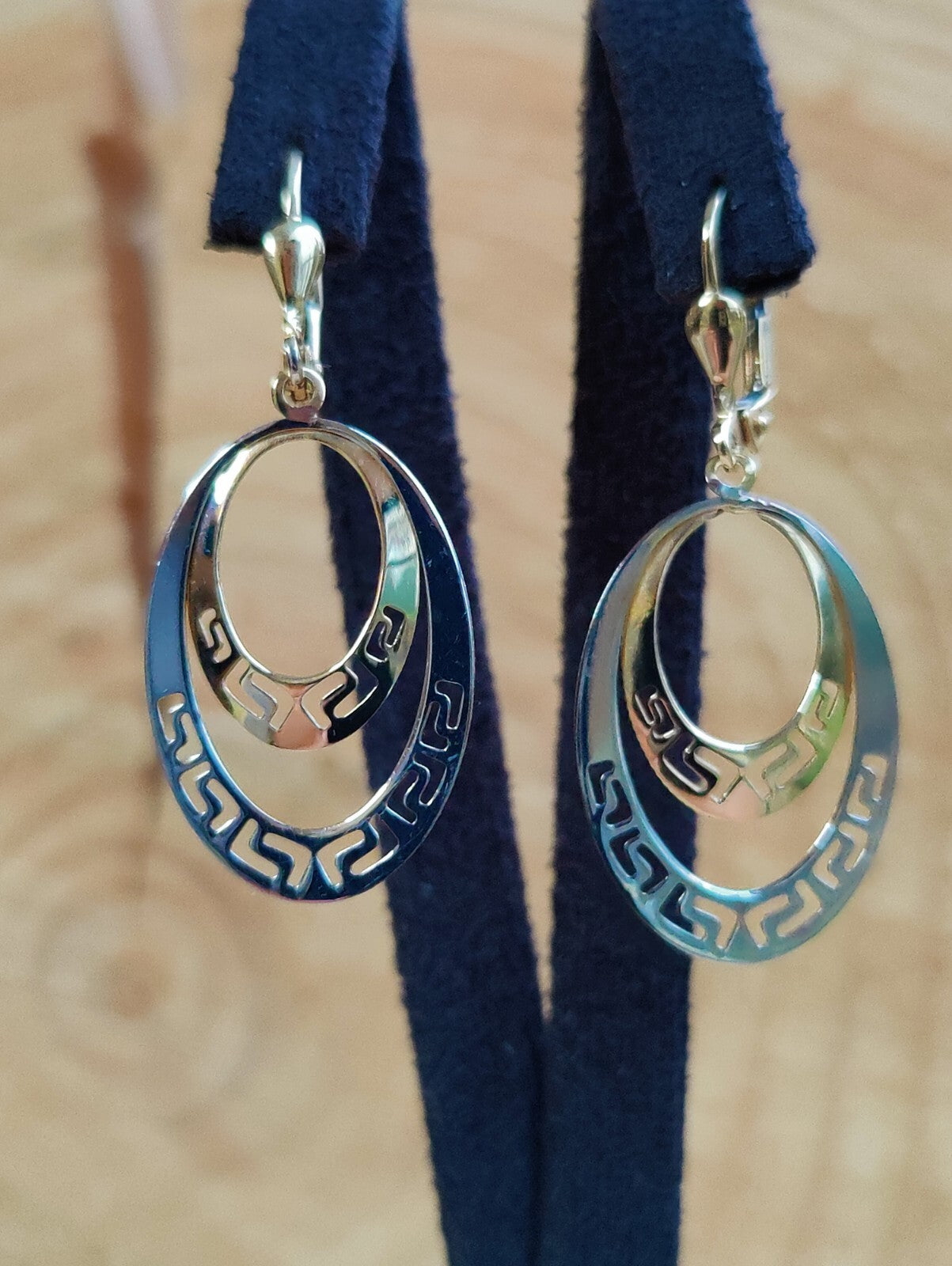 NEW OVAL Earrings 9ct Yellow/White Gold Leverback Hallmarked Greek Key Pattern 
