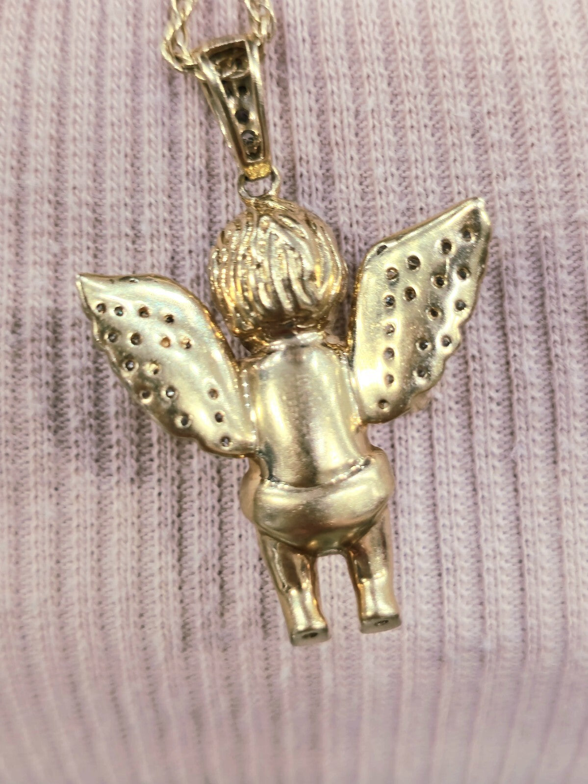 10K YELLOW GOLD PENDANT BABY ANGEL NATURAL DIAMONDS WINGS CROSS WITH CHAIN 25"
