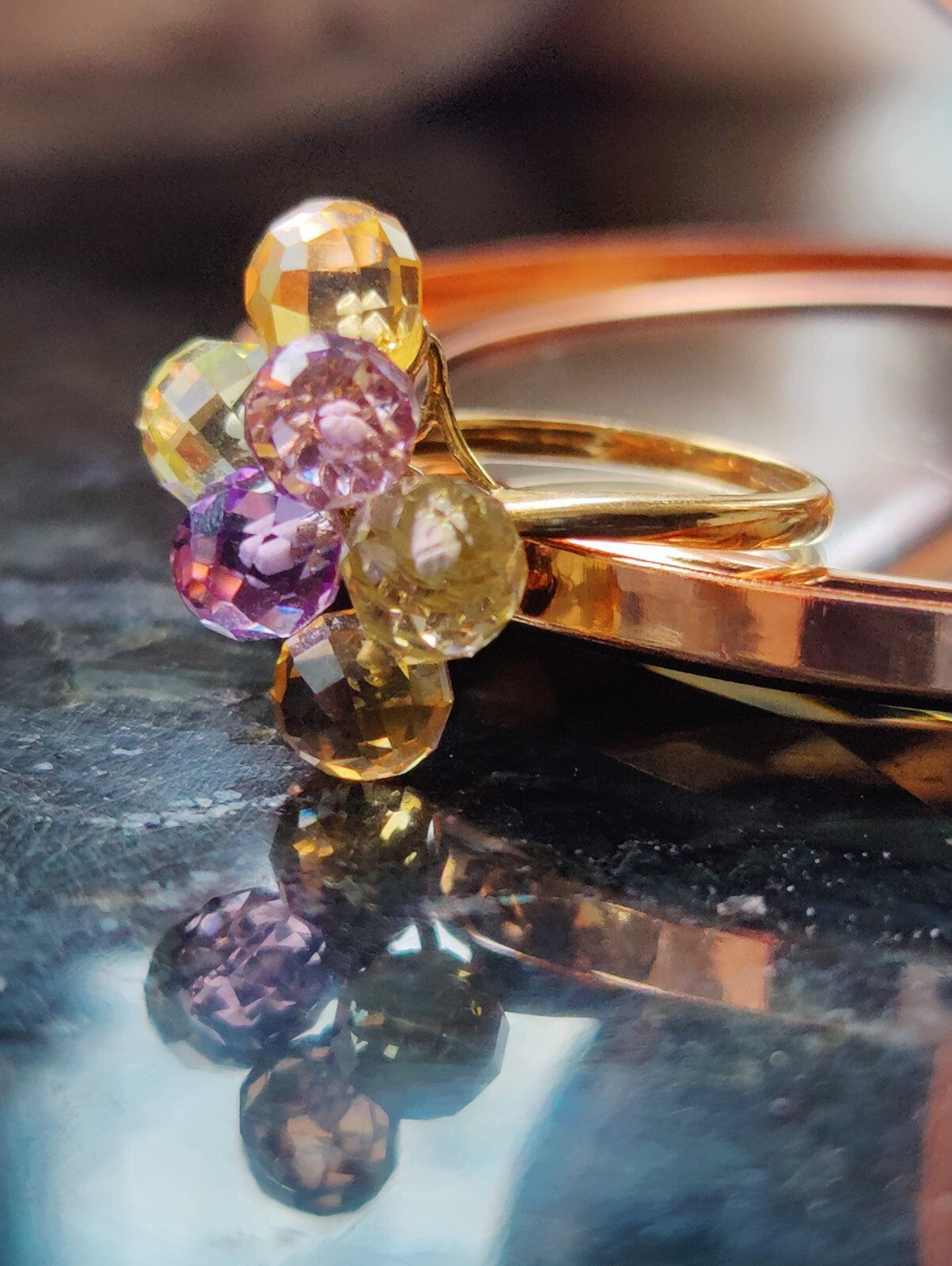9ct Solid Yellow Gold Dress Ring size K with Citrines and Amethysts Very Unusual