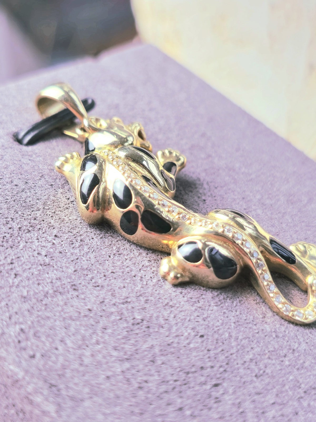 New Solid 9ct Yellow Gold Panthere Pendant Charm with CZ and Enamel Cat Puma