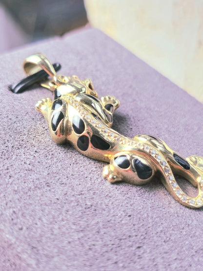 New Solid 9ct Yellow Gold Panthere Pendant Charm with CZ and Enamel Cat Puma