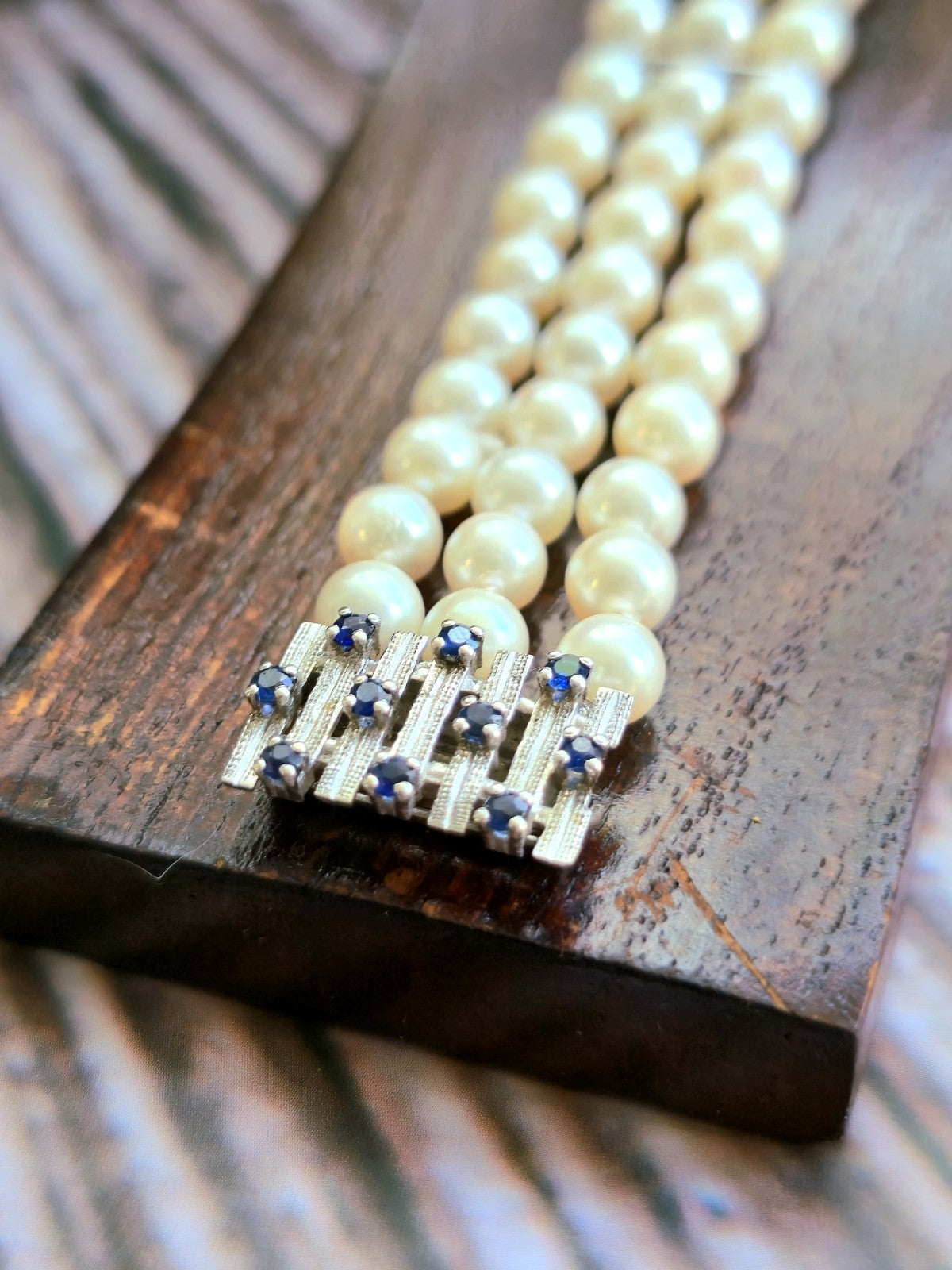 Vintage 14K White Gold and Sapphire Pearl Bracelet 3 Row Triple String 585