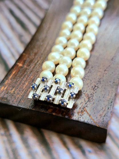 Vintage 14K White Gold and Sapphire Pearl Bracelet 3 Row Triple String 585
