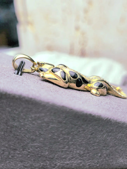 New Solid 9ct Yellow Gold Panthere Pendant Charm with CZ and Enamel Cat Puma