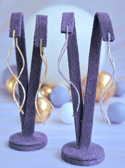 New 9ct White Gold Twist Drop Earrings DOUBLE Squiggle Pull Through Wavy Moving