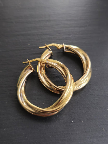 9ct Solid Yellow Gold Twisted Hoop Earrings Creole Hoops 28mm 4.5g Hallmarked