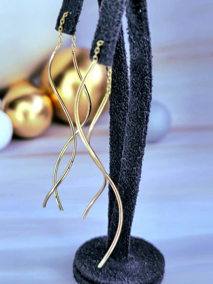 New 9ct Yellow Gold Twist Drop Earrings DOUBLE Squiggle Pull Through Wavy Moving