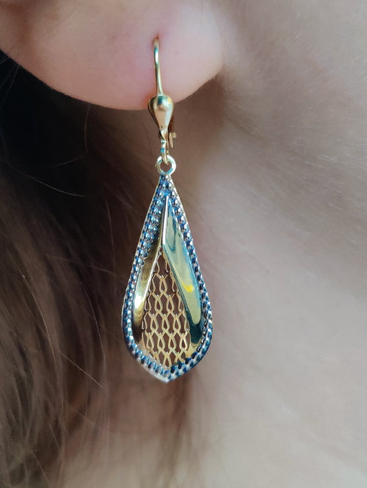 9ct Yellow/White Gold Drop Dangly Earrings Hallmarked Decorative Pattern 