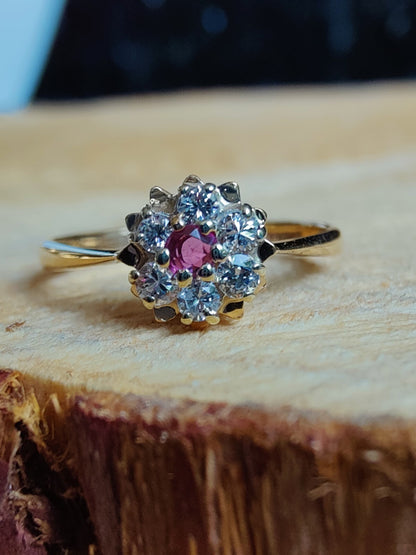 Lovely 9ct Yellow Gold Diamond Ruby Ring Engagement Proposal Flower Ring size M+