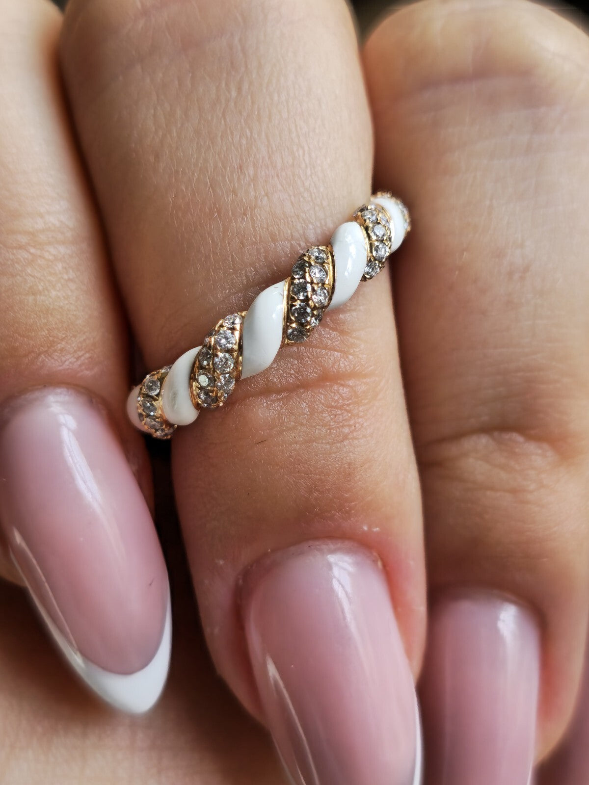 Solid 18ct Rose Gold Diamond and White Ceramic Eternity Ring Wedding Band size N