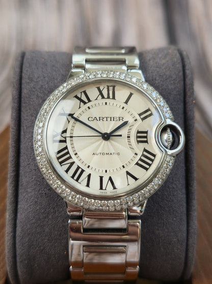 Cartier Ballon Bleu 36mm Steel Automatic Watch 2 Raw Diamond Bezel 3005 Papers