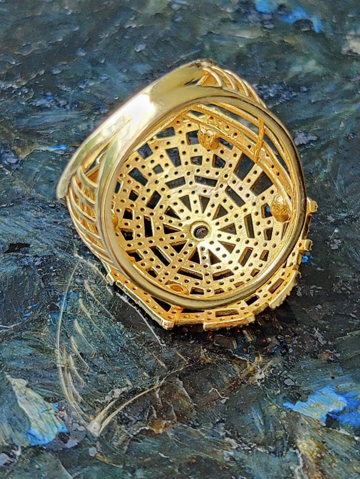 Sapphire and Ruby Spider Web Ring 18K Gold Solid Coctail Unusual Design Q size