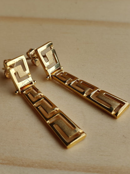 Solid 3.4grams Greek Key Earrings 9ct Yellow Gold Leverback Hallmarked