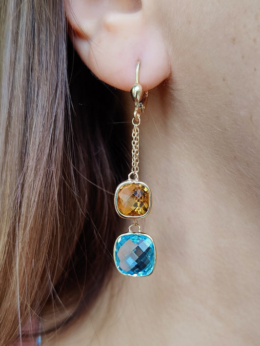 New 9ct Gold Drop Earrings 5grams Blue Topaz and Citrine Big Stones Hallmarked