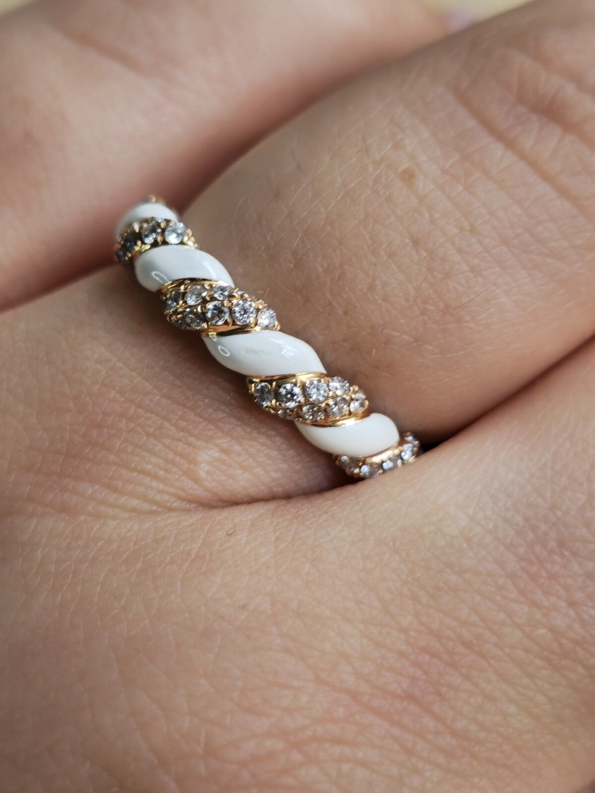 Solid 18ct Rose Gold Diamond and White Ceramic Eternity Ring Wedding Band size N