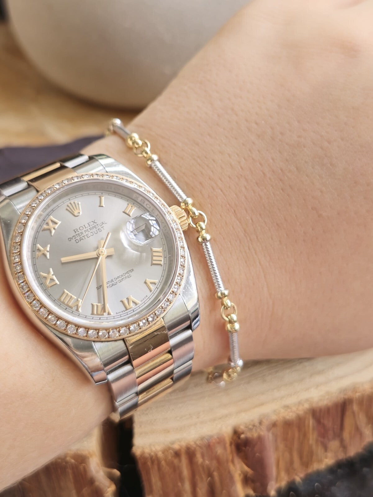 Solid 9ct White/Yellow Gold BRACELET Twisted TUBE link  7.8inch/20cm