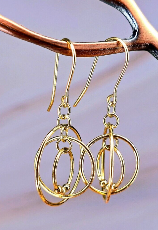 New Solid 9ct Yellow Gold Multi Circle Moving Dangling 3D Drop Earrings Hook