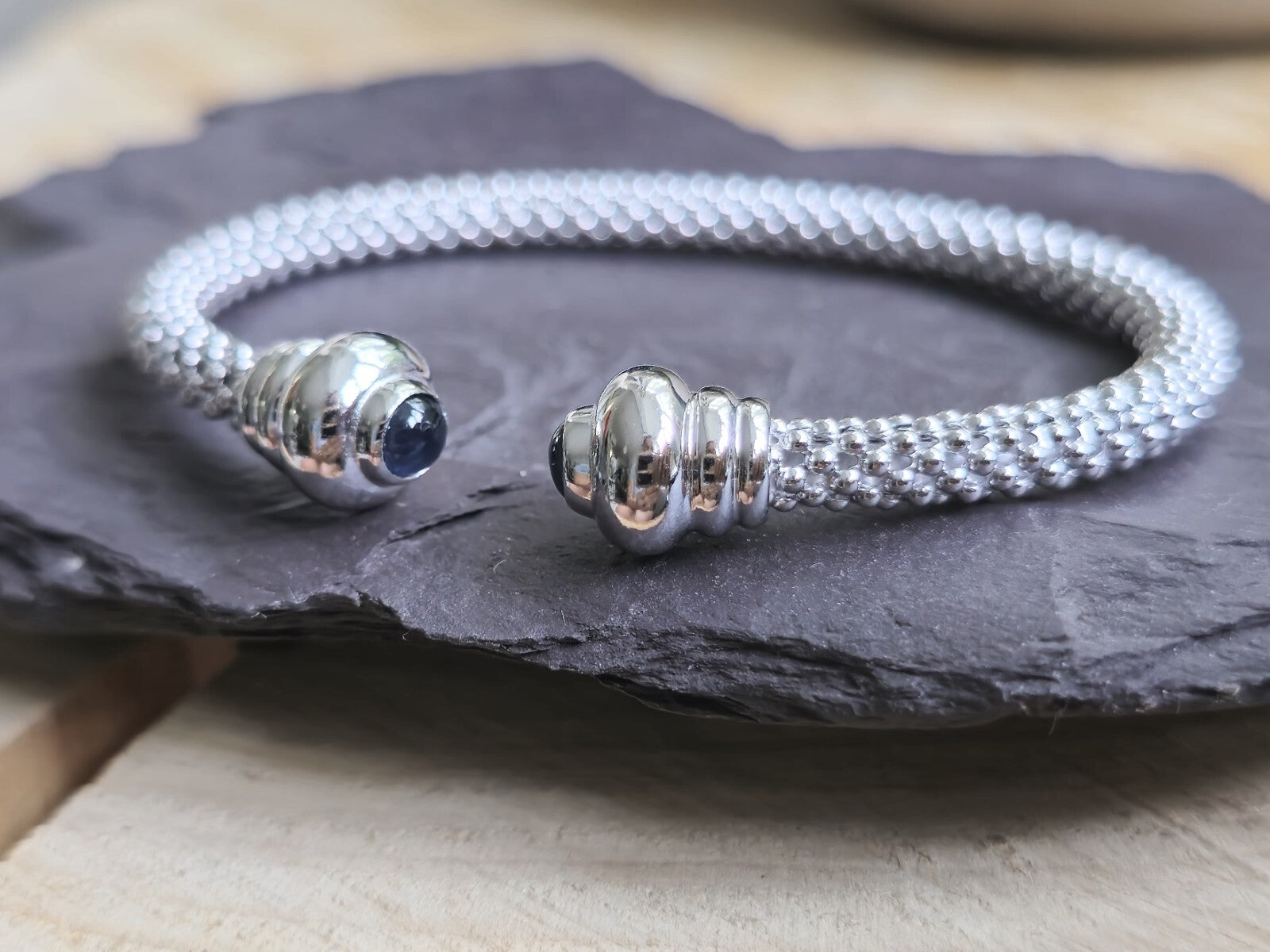 New 9k White Gold TORQUE BANGLE TORQ BALL Open Split BRACELET Hallmarked Beaded