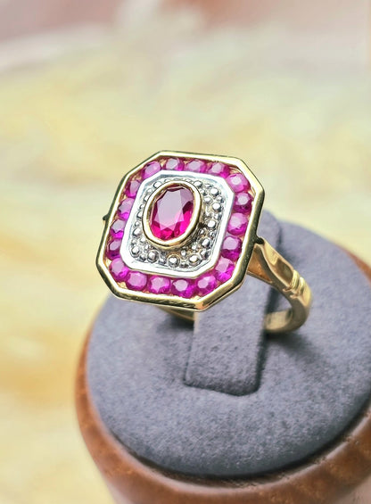 New 18ct Yellow Gold Coctail Square Ruby Ring with 1ct Oval Ruby