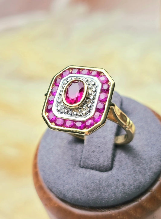 New 18ct Yellow Gold Coctail Square Ruby Ring with 1ct Oval Ruby