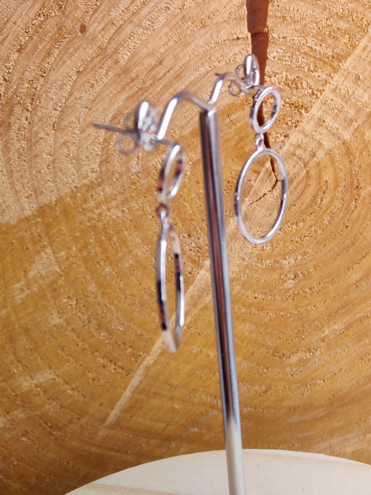 NEW 9ct Solid White Gold Drop Earrings Double Circle With Butterfly Fitting