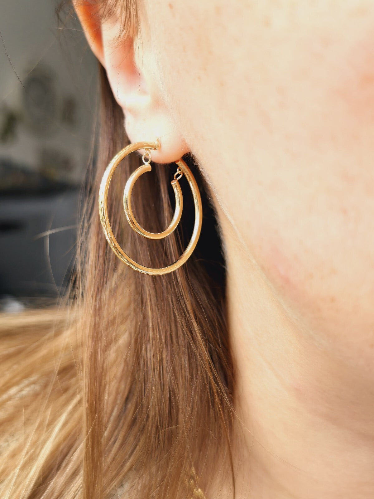 9ct Solid Yellow Gold Double Hoop Earrings Two Circles Hoops 34mm Hallmarked 