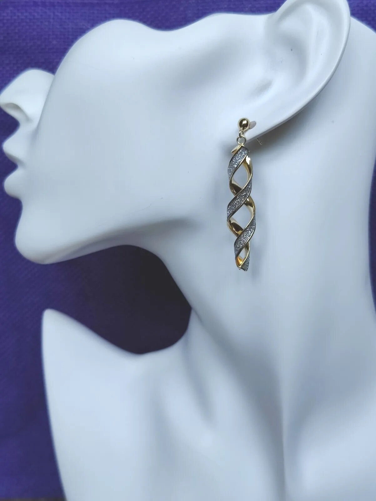 New Solid Yellow Gold 9 Carat White Glitter Moondust Twist Earrings Studs Dangly