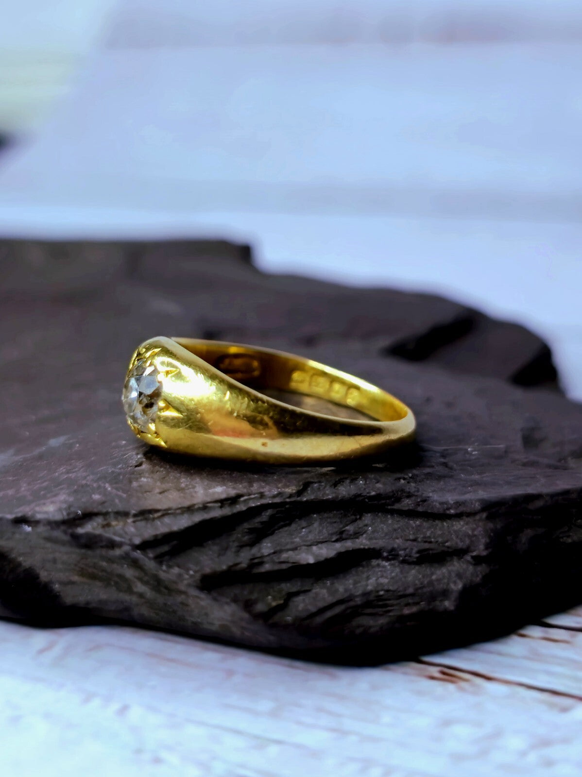 Victorian Solid 18k Yellow Gold Signet Ring Gypsy size Q+ Old Cut Diamond 0.50ct