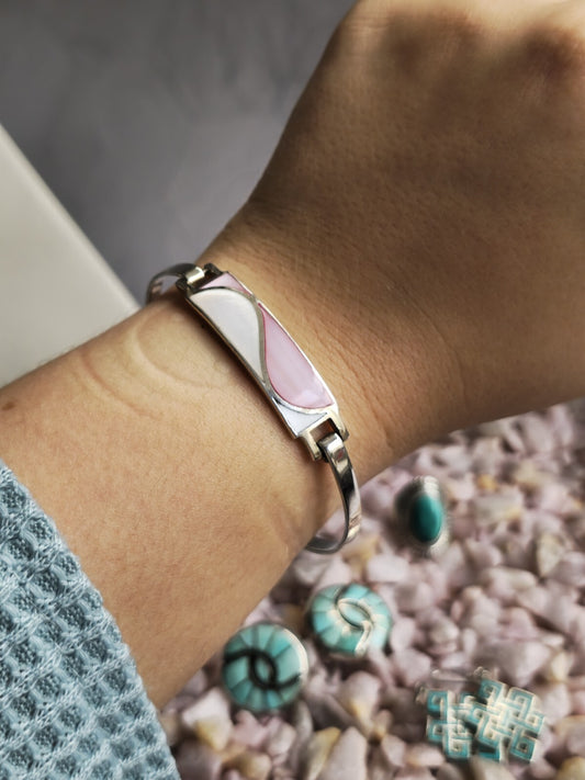 Lovely 925 Sterling Silver ID BANGLE Bracelet White and Pink 13g