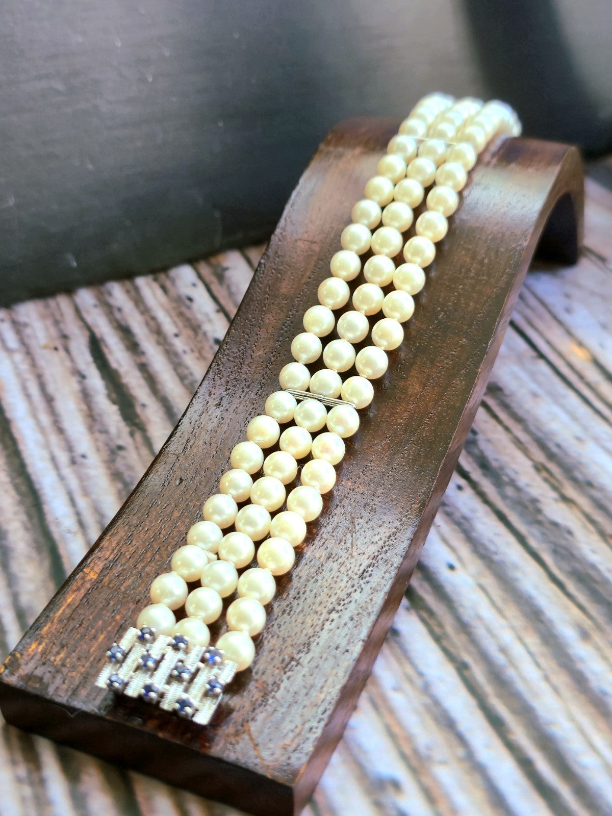 Vintage 14K White Gold and Sapphire Pearl Bracelet 3 Row Triple String 585